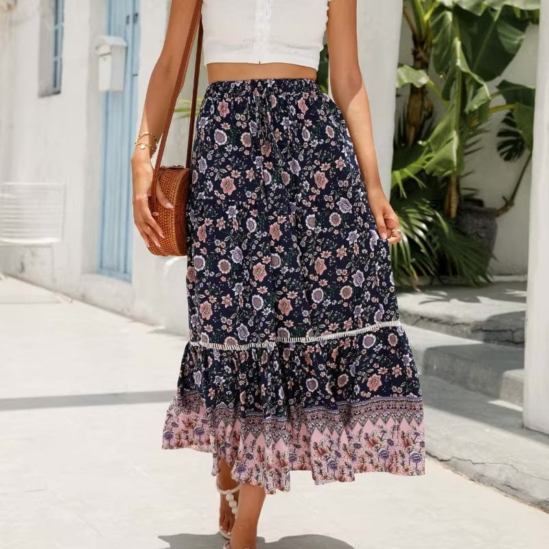 Boho High Waist Floral Print Maxi Skirt
