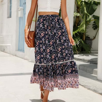 Boho High Waist Floral Print Maxi Skirt