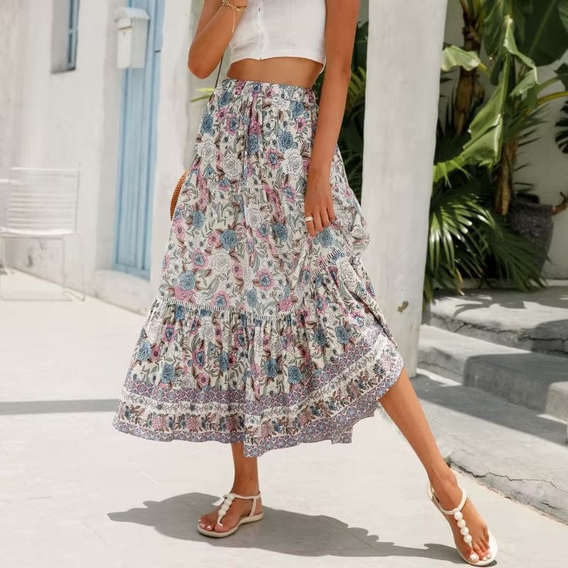 Boho High Waist Floral Print Maxi Skirt
