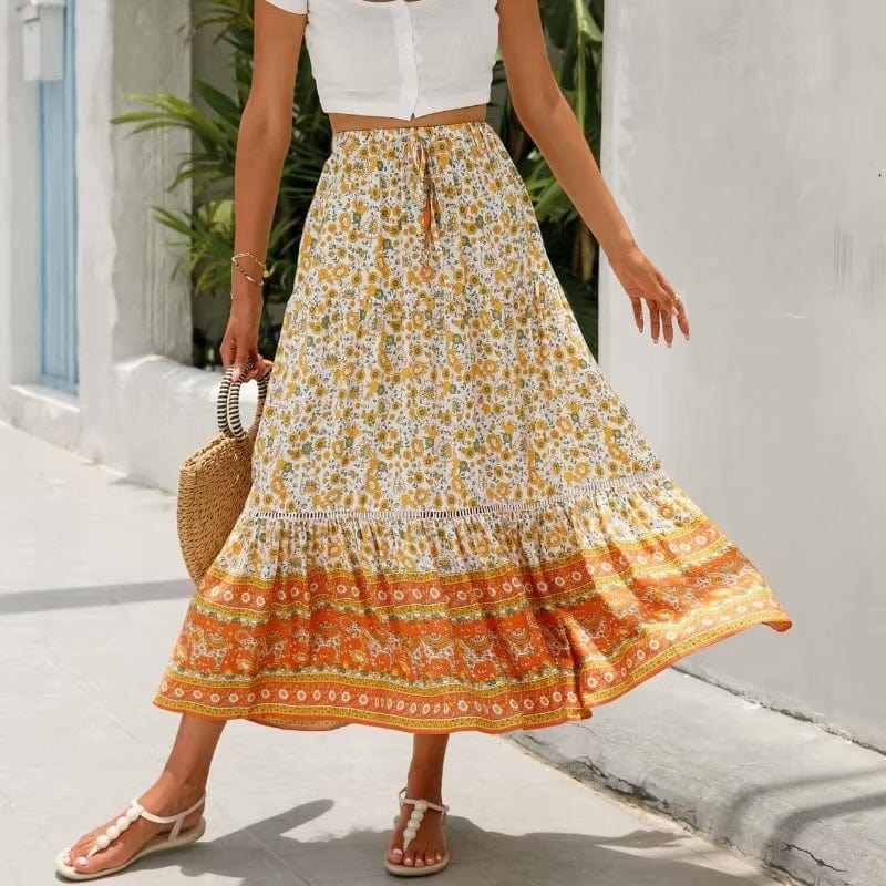 Boho High Waist Floral Print Maxi Skirt