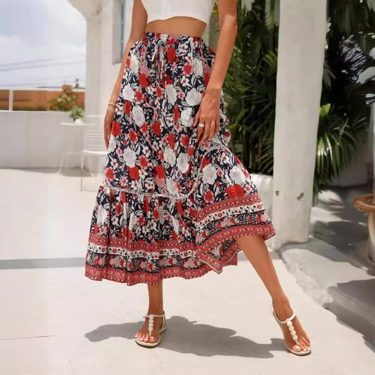 Boho High Waist Floral Print Maxi Skirt