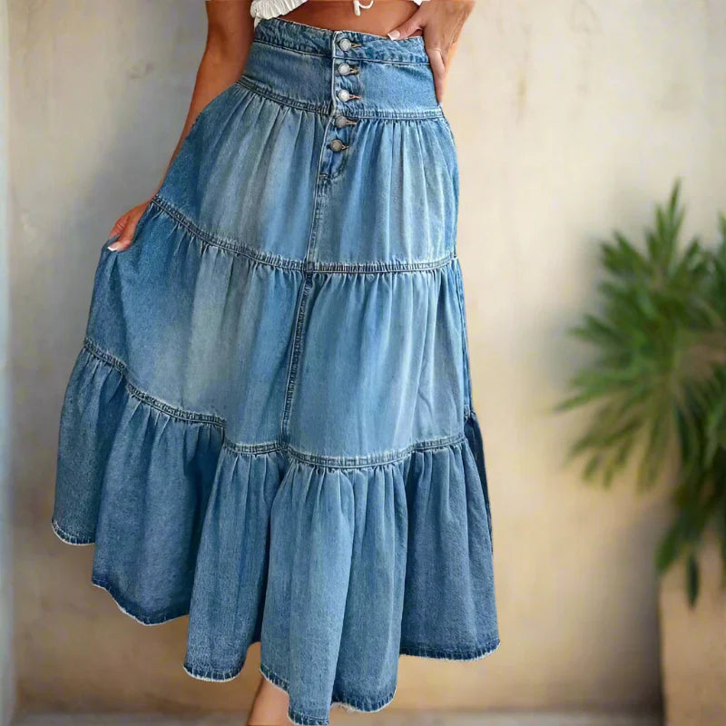 Boho High Waist Denim Maxi Skirt
