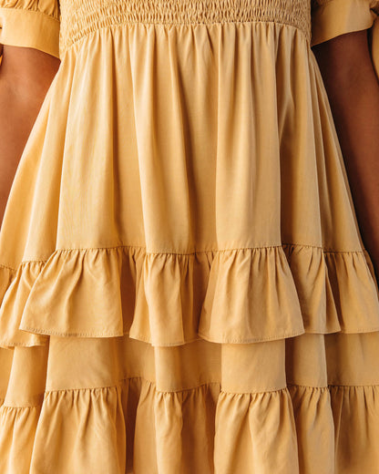 Bowtie Smocked Ruffle Tiered Babydoll Dress Yellow