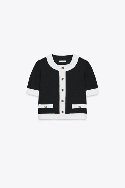 Fashionable Contrast Color Knitted Short-sleeved Button-down Top