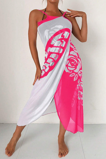Fashionable Color-blocked Butterfly Print Resort Cover-up Midi Dress