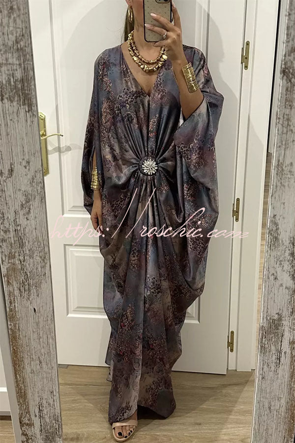 Airy Satin Unique Print V-neck Gemstone Embellished Drape Robe Maxi Dress
