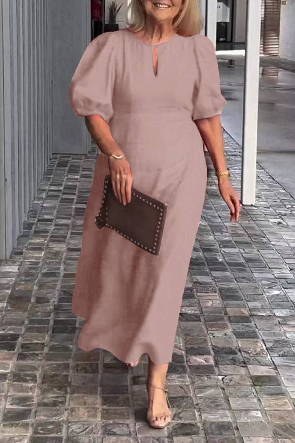 Round Neck Keyhole Puff Sleeve Waisted Midi Dress