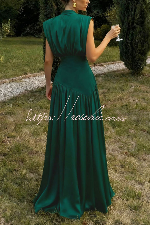Elegant V-neck Sleeveless Fitted Waist High Slit Vacation Maxi Dress
