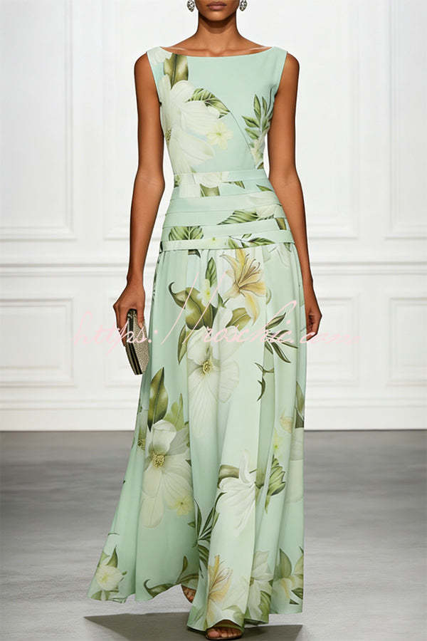 Classic Floral Print Boat Neck Ruched Waist Sleeveless A-Line Maxi Dress