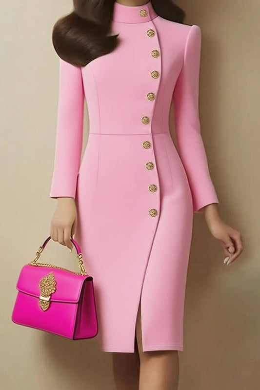 Solid Color Stand Collar Metal Button Slim Midi Dress