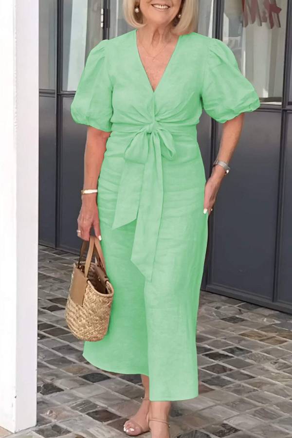 V-Neck Puff Sleeve Twisted Waist Tie Midi Dress