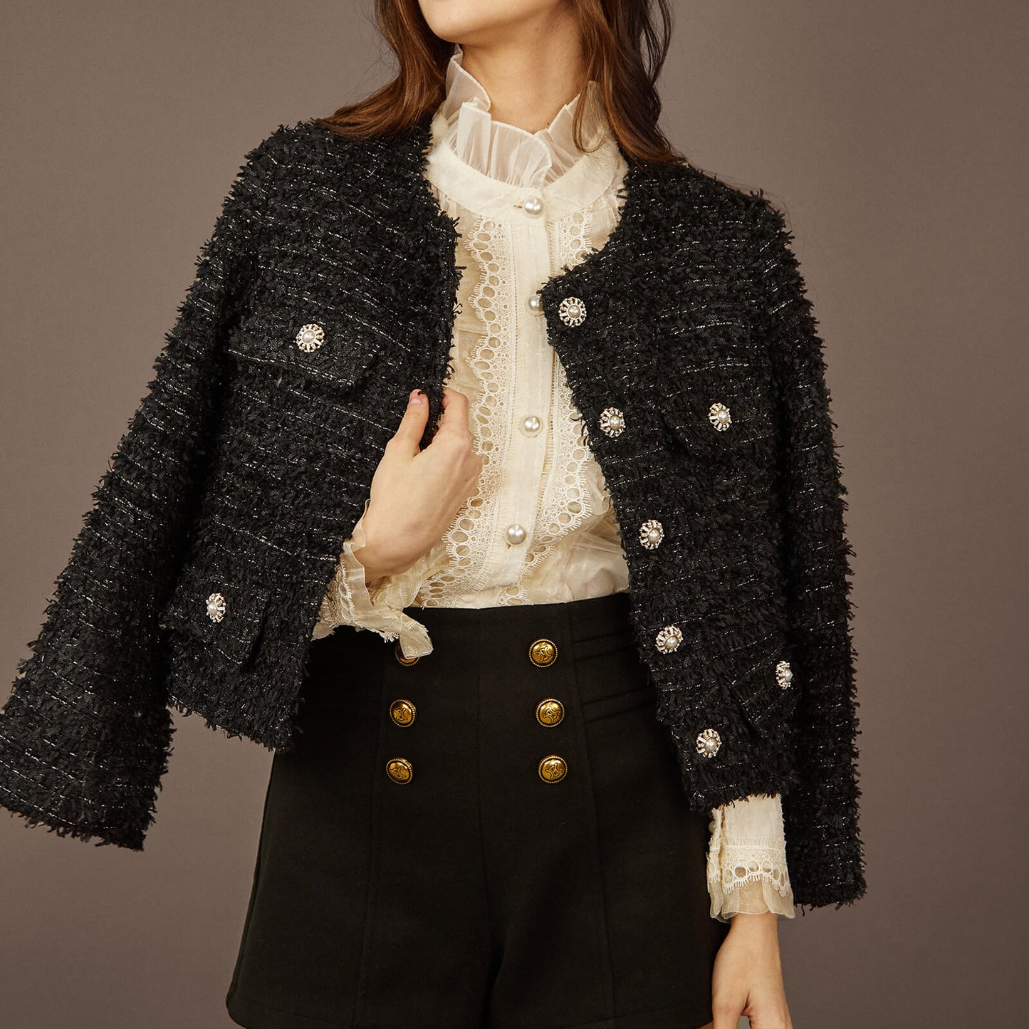 Black Single-Breasted Tweed Jacket