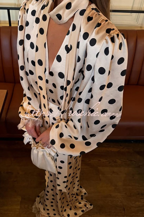 Chrissa Satin Polka Dot Print Lace Trim Tie-up Neck Balloon Sleeve Loose Blouse