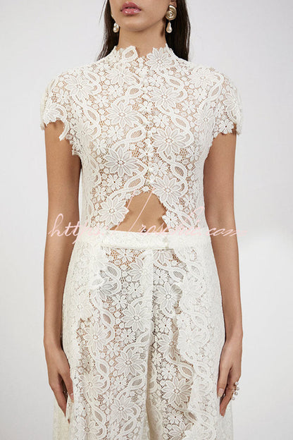 Elegance Avant-garde Floral Lace Short Sleeve High Low Top and High Rise Wide Leg Pants Set