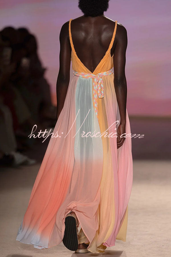 Rainbow Sky Chiffon Ombré Print Metal Decoration Woven Belted Vacation Maxi Dress