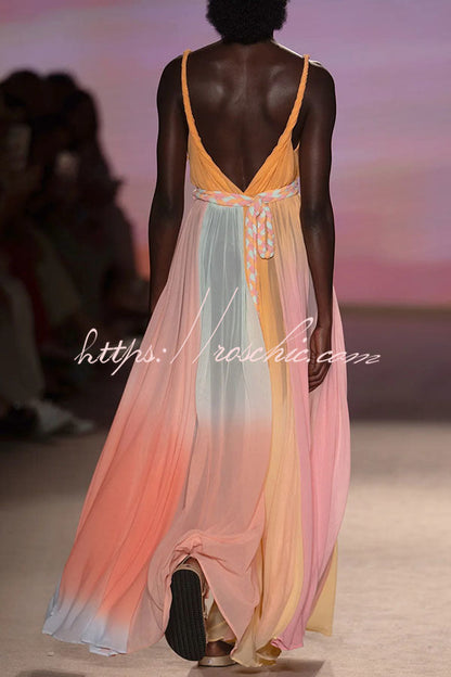 Rainbow Sky Chiffon Ombré Print Metal Decoration Woven Belted Vacation Maxi Dress