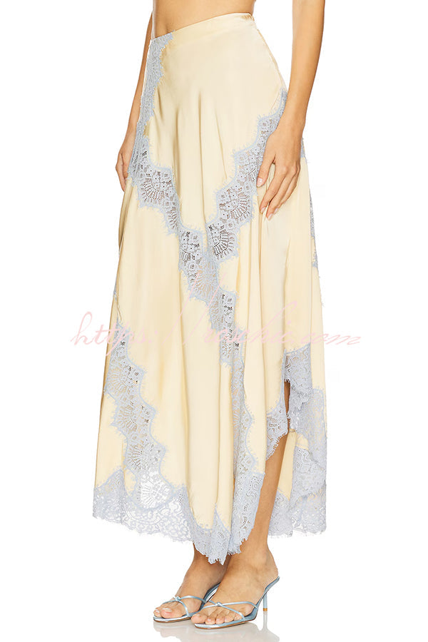 Wine Tasting Contrast Color Satin Lace Trim Irregular Hem Drape Midi Skirt (Shipped Within 24 Hours)