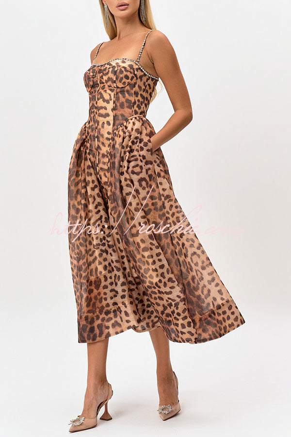 Jessika Leopard Print Rhinestone Trim Back Smocked Pocket Slip Midi Dress