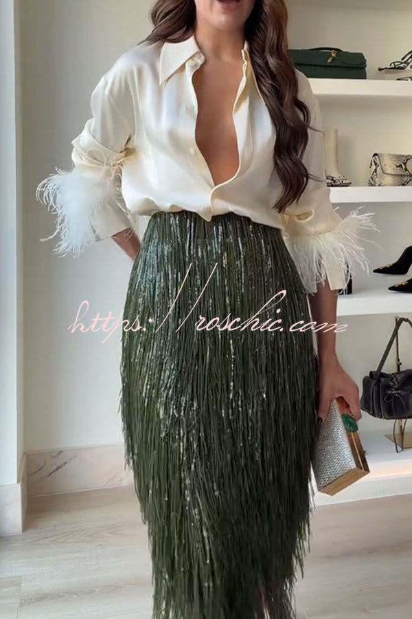 Party Crasher Feather Trim Long Sleeve Button Up Loose Blouse (Shipped Within 24 Hours)