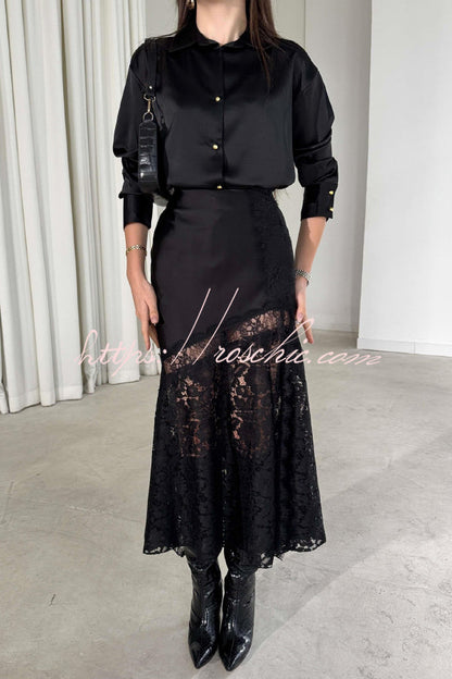 Solid Color Silk Satin and Lace Spliced elegant Maxi Skirt