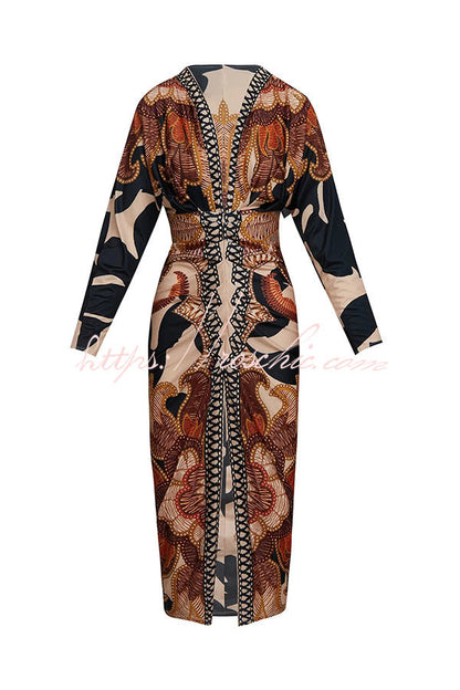 Verra Unique Print Dolman Long Sleeve Ruched Slit Midi Dress