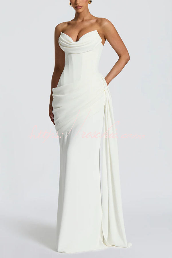 Matisse Strapless Pleated Cowl Overlay Back Lace-up Drape Panel Maxi Dress