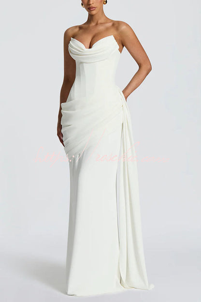 Matisse Strapless Pleated Cowl Overlay Back Lace-up Drape Panel Maxi Dress