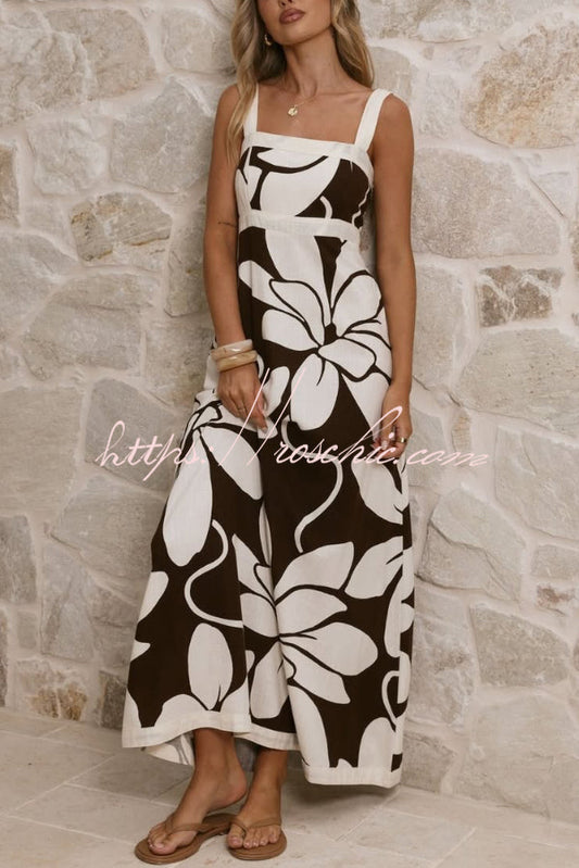 Color-blocked Floral Print Square Neck Sleeveless Casual Maxi Dress
