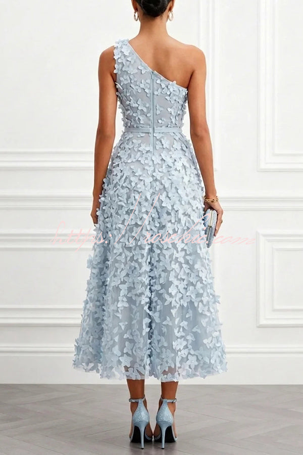 Lynelle Tulle 3D Floral Butterfly One Shoulder Sleeveless A-Line Midi Dress