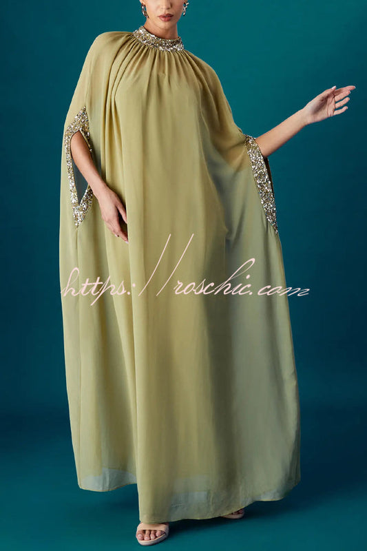 My Dearest Chiffon Sequin Trim High Neck Batwing Cutout Sleeve Cape Maxi Dress