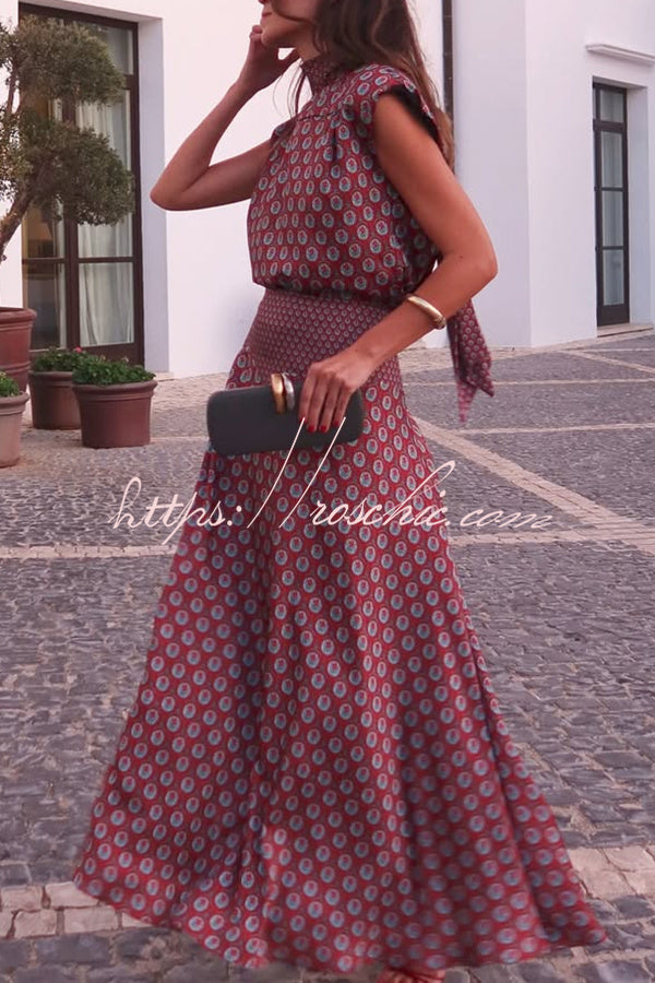 Dalena Satin Art Print High Tie-up Neck Short Sleeve Top and High Rise Maxi Skirt Set