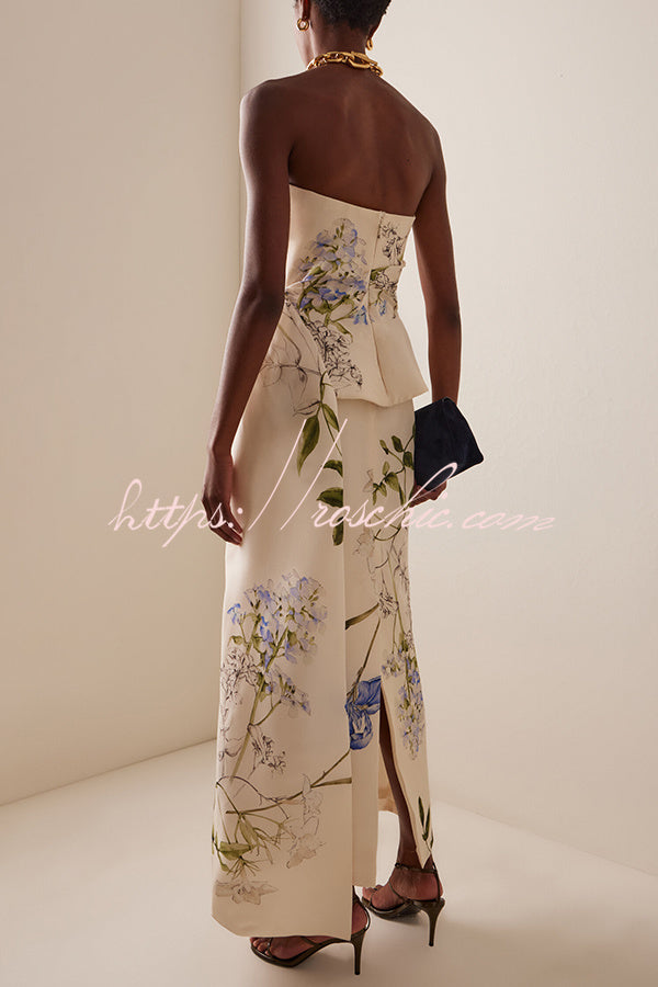 Architectural Tailor Iris Bouquet Print Strapless Draped Peplum Gown Midi Dress