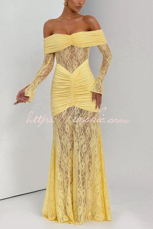 Solid Color Patchwork Lace Off-shoulder Long-sleeved Pleated Slim-fit Maxi Dress