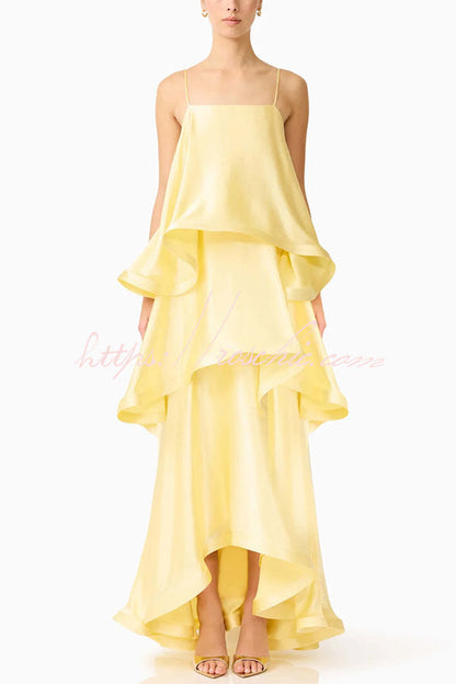 Soft and Smooth Satin Tiered Slip Square Neck A-line Maxi Dress