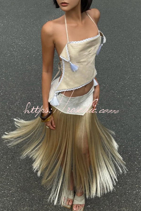 Fashionable Lace Appliqu¨¦ Tassel Hem Vacation Maxi Skirt