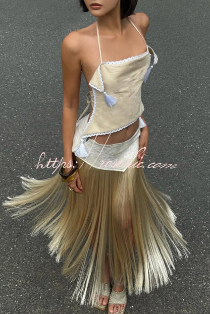 Fashionable Lace Appliqu¨¦ Tassel Hem Vacation Maxi Skirt