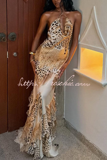 Coral Satin Leopard Print Halter Cowl Neck Exaggerated Ruffles Hem Maxi Dress