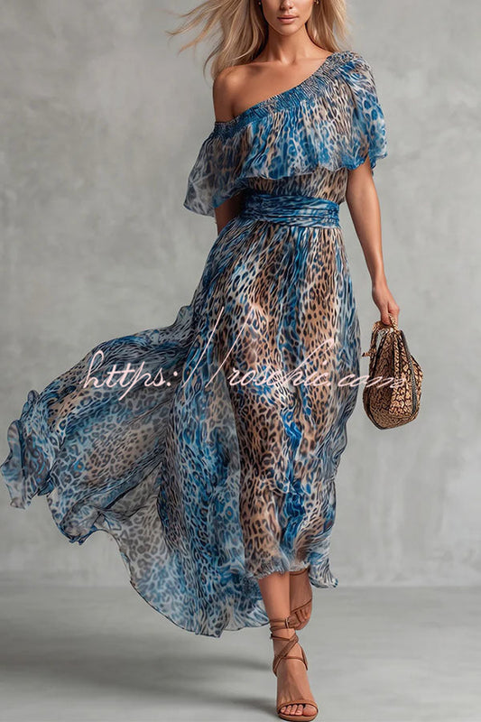 Lue Leopard Print One-Shoulder Flowy Maxi Dress