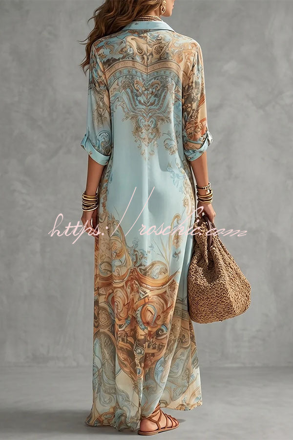 Boho Vintage Art Print Button Down Maxi Shirt Dress