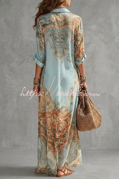 Boho Vintage Art Print Button Down Maxi Shirt Dress