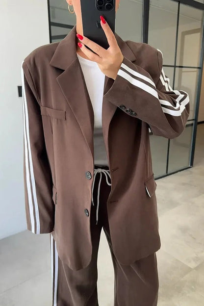 Levvie Striped Trim Long Sleeve Lapel Blazer and Rope Belt Pocketed Wide Leg Pants Set