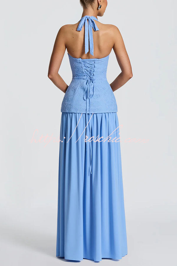 Almira Crepe and Lace Bodice Back Lace-up Chiffon Pleated Hem Maxi Dress