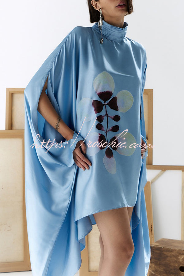 Luisa Satin Floral Print Pleated High-neck Batwing Cutout Sleeve Loose  Cape Mini Dress