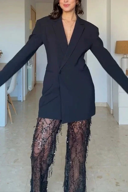 Yulissa Single Button Long Sleeve Fitted Waist Open Back Pocketed Lapel Blazer