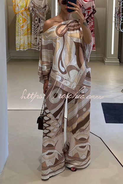 Luxe Resort Satin Unique Print Cape-style Top and Elastic Waist Pocket Wide Leg Pants Set