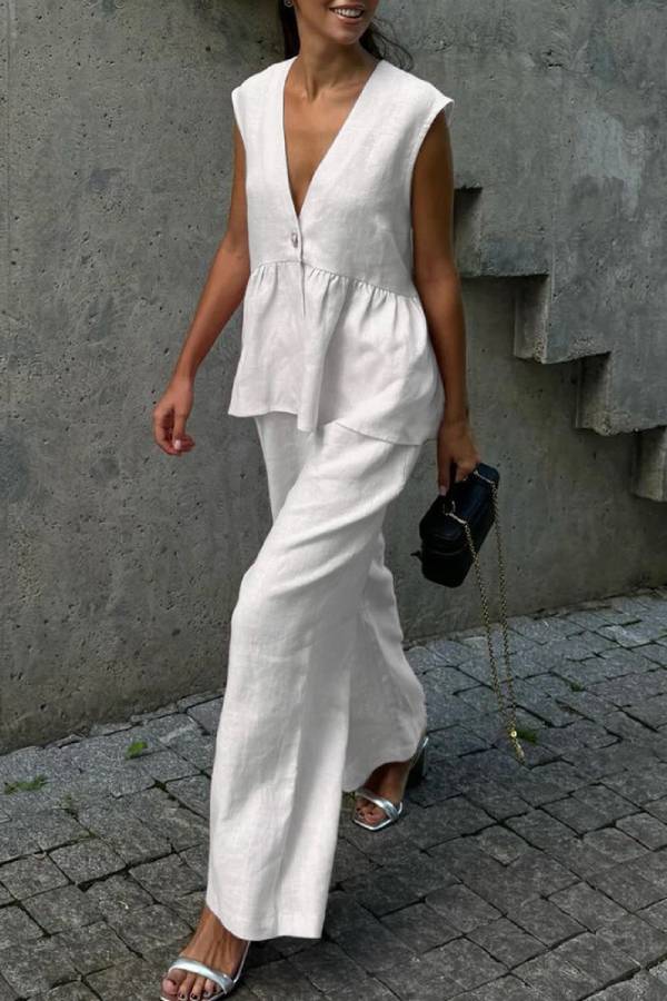 V-Neck Sleeveless Ruffled Peplum Top + Wide-Leg Pants Linen Set