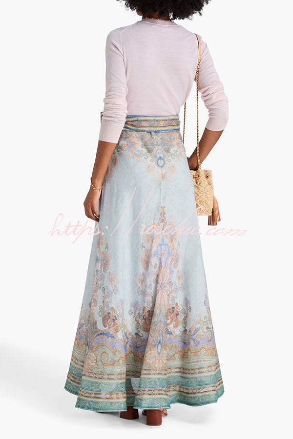 Next Vacation Linen Blend Paisley Print High Rise Tie-up Waist Maxi Skirt