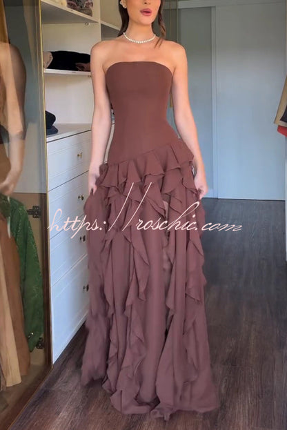 Elegant Sleeveless Off-shoulder Fitted Ruffled High Slit Maxi Dress