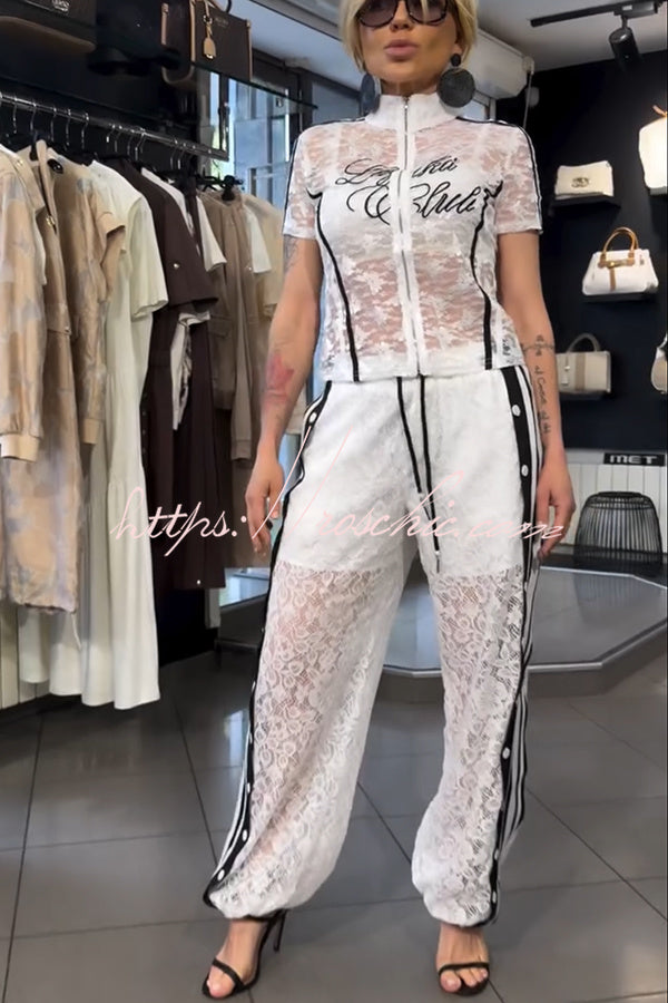 Khloe Lace Striped Patchwork High Neck Zip-Up Top and Elastic Waist Pocket Side Button Pants Set