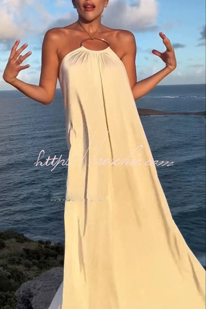 Ocean Goddess Metal Circular Chain Halter Backless Vacation A-line Maxi Dress